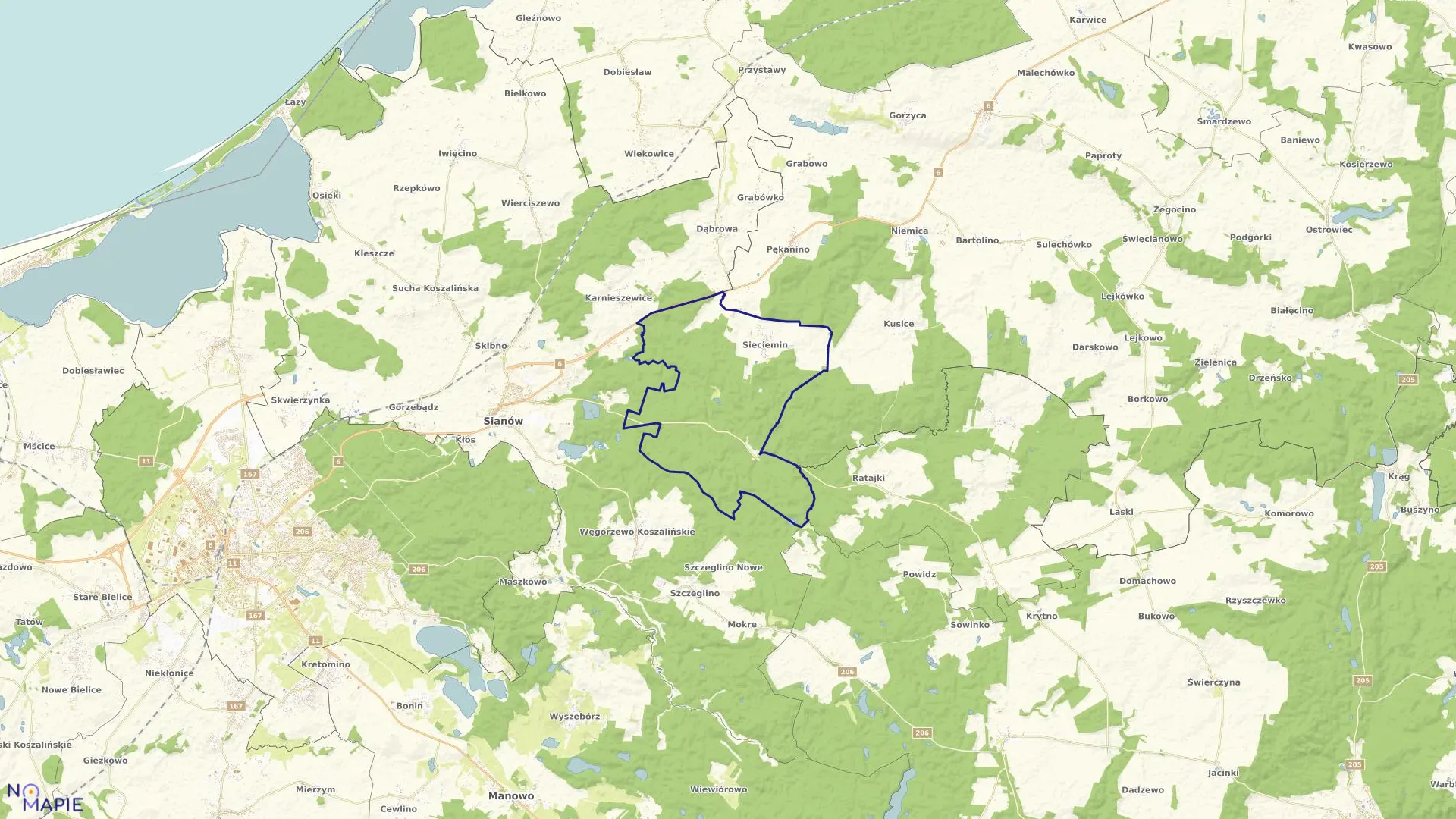 Mapa obrębu Sieciemin w gminie Sianów