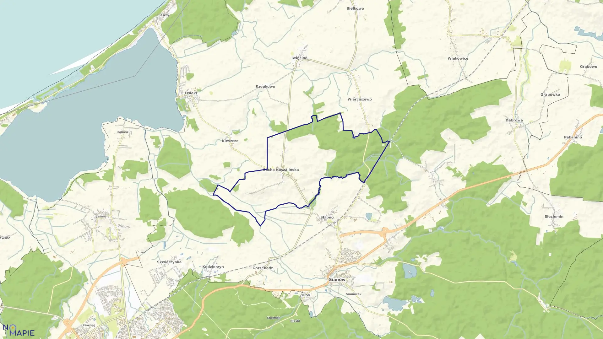 Mapa obrębu Sucha Koszalińska w gminie Sianów